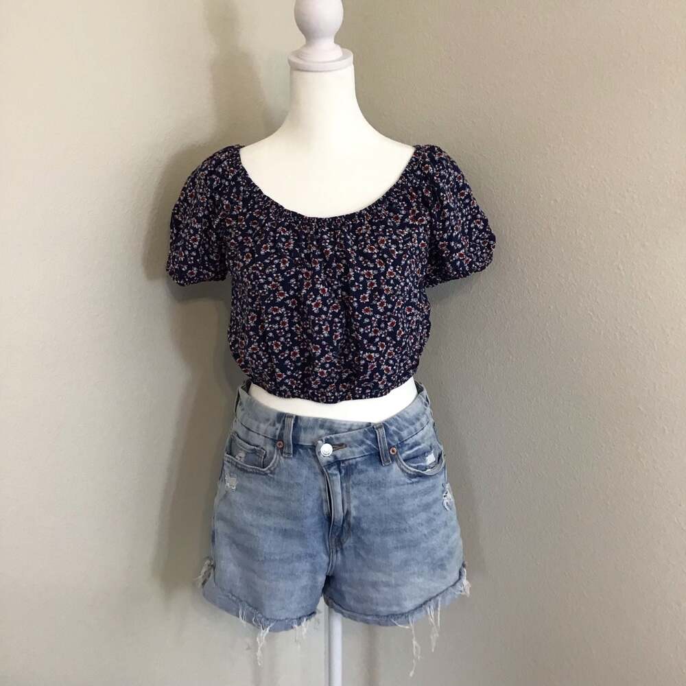 Garage Blue Floral Print Puff-Sleeve Smocked Crop Top Small Summer Festival